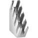A silver stainless steel slanted countertop organizer with 4 sections.
