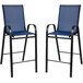 A Flash Furniture outdoor glass bar table with navy chairs and a pair of navy chairs with black legs.