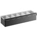 A matte black stainless steel condiment bar with six compartments.