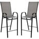 A Flash Furniture outdoor glass bar table with 2 gray chairs with a black metal frame.