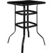 A black metal bar table with a square glass top and legs.