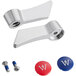 A pair of silver metal Waterloo faucet handles with red and chrome accents and screws.