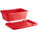 A red plastic tote box with cover.