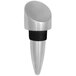 A close-up of a Franmara stainless steel and black rubber wine stopper.