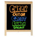 A black A-frame sign with a black marker board that says "Check out our great lunch specials" in colorful writing.