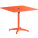 A Lancaster Table & Seating orange powder-coated aluminum square table.