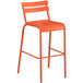 An orange powder coated aluminum outdoor bar stool with a metal frame.