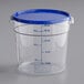 A clear plastic Vigor food storage container with a blue lid.