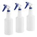 Three white plastic bottles with blue handles and white sprayer caps.