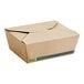 A brown EcoChoice take-out box with a green lid.