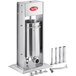 A stainless steel Avantco vertical manual churro stuffer with many churro tubes on a metal stand.