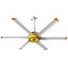 A yellow and silver Big Ass Fans ceiling fan with white blades.