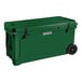 A Hunter Green CaterGator outdoor cooler with wheels and black handles.