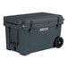 A grey CaterGator outdoor cooler with wheels and a black handle.
