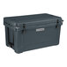 A grey CaterGator outdoor cooler with black handles on a table.