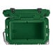 A Hunter green CaterGator outdoor cooler with a lid open and black handles.