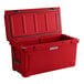 A red CaterGator outdoor cooler with the lid open.