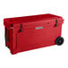 A red CaterGator outdoor cooler with wheels and black handles.