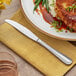 An Acopa Edgewood stainless steel dinner knife on a plate of food with green beans and sauce.