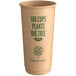 A New Roots brown Kraft paper hot cup with green text.