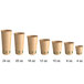 A row of New Roots brown paper hot cups in different sizes.
