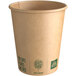 A brown New Roots compostable paper hot cup with green text.