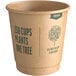 A brown New Roots paper hot cup with green text that reads "zerocups plants one tree".