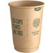 A New Roots 12 oz. brown paper hot cup with green text. Text: "Twenty cups plants one tree."