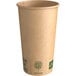 A brown paper cup with green text.