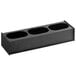 A black rectangular countertop condiment organizer with three sections.