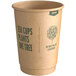 A brown New Roots double wall paper hot cup with green text.