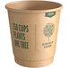 A brown New Roots paper hot cup with green text that reads "zerocups plants one tree."