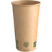 A brown New Roots paper hot cup with green text.