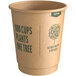 A New Roots brown paper hot cup with green text. The text reads "100 cups plants one tree."