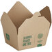 A brown New Roots compostable take-out container with green text.
