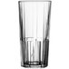 A Duralex Jazz highball glass with a black rim on a white background.