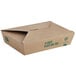 A brown New Roots Kraft paper take-out box with green writing on it.