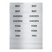 A sheet of adhesive labels with the words BEEF, CHICKEN, PORK, and FISH printed on them, used for identifying meat types in food carriers.