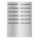 A sheet of adhesive labels reading 'HOT ENTRÉES' and 'COLD ENTRÉES' for use with front-loading pan carriers.