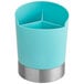 A blue cylinder utensil holder with a silver metal finish.