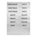 A sheet of adhesive food type labels for front-loading pan carriers, with categories such as vegetables, pasta, meats, salads, and fruit.
