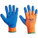 A pair of small Cordova orange terry gloves with blue latex palms.