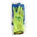 A pair of Cordova yellow terry thermal gloves with blue latex palm coating in a plastic bag.