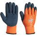 A pair of orange Cordova Cold Snap thermal gloves with blue sandy latex palm coating.