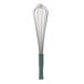 A Vollrath stainless steel French whisk with a green nylon handle.