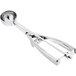 A silver stainless steel round ice cream scoop with a squeeze handle.