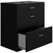 A black Hirsh Industries lateral file cabinet with an open drawer.