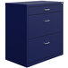 A navy blue Hirsh Industries lateral file cabinet with three drawers and silver arc pull handles.