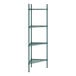 A green metal Regency triangle wire shelving unit with four shelves.