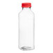 A clear plastic 16 oz. Square PET juice bottle with a red lid.
